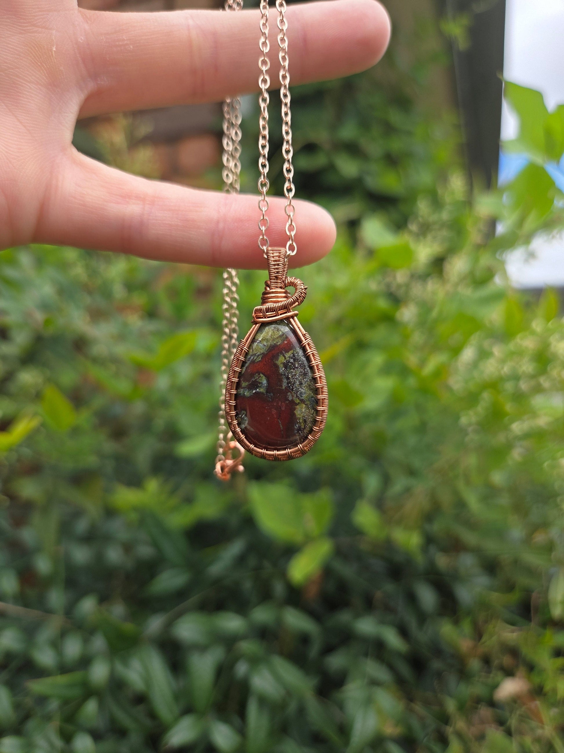 Jewellery Dragon Blood Jasper Copper Wire Wrapped Pendant Necklace