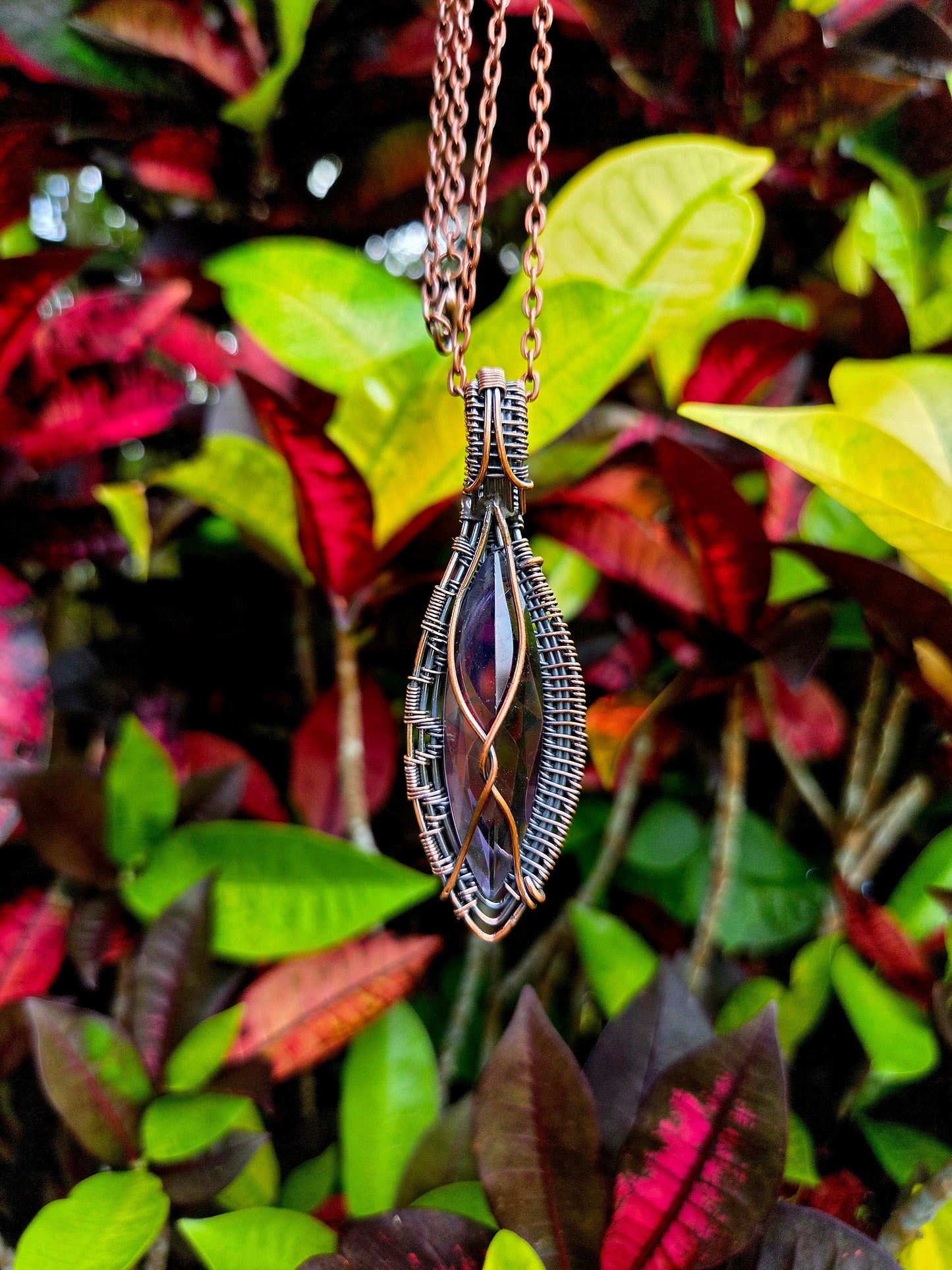 Jewellery Faceted Amethyst Crystal - Copper Wire Wrapped Pendant Necklace