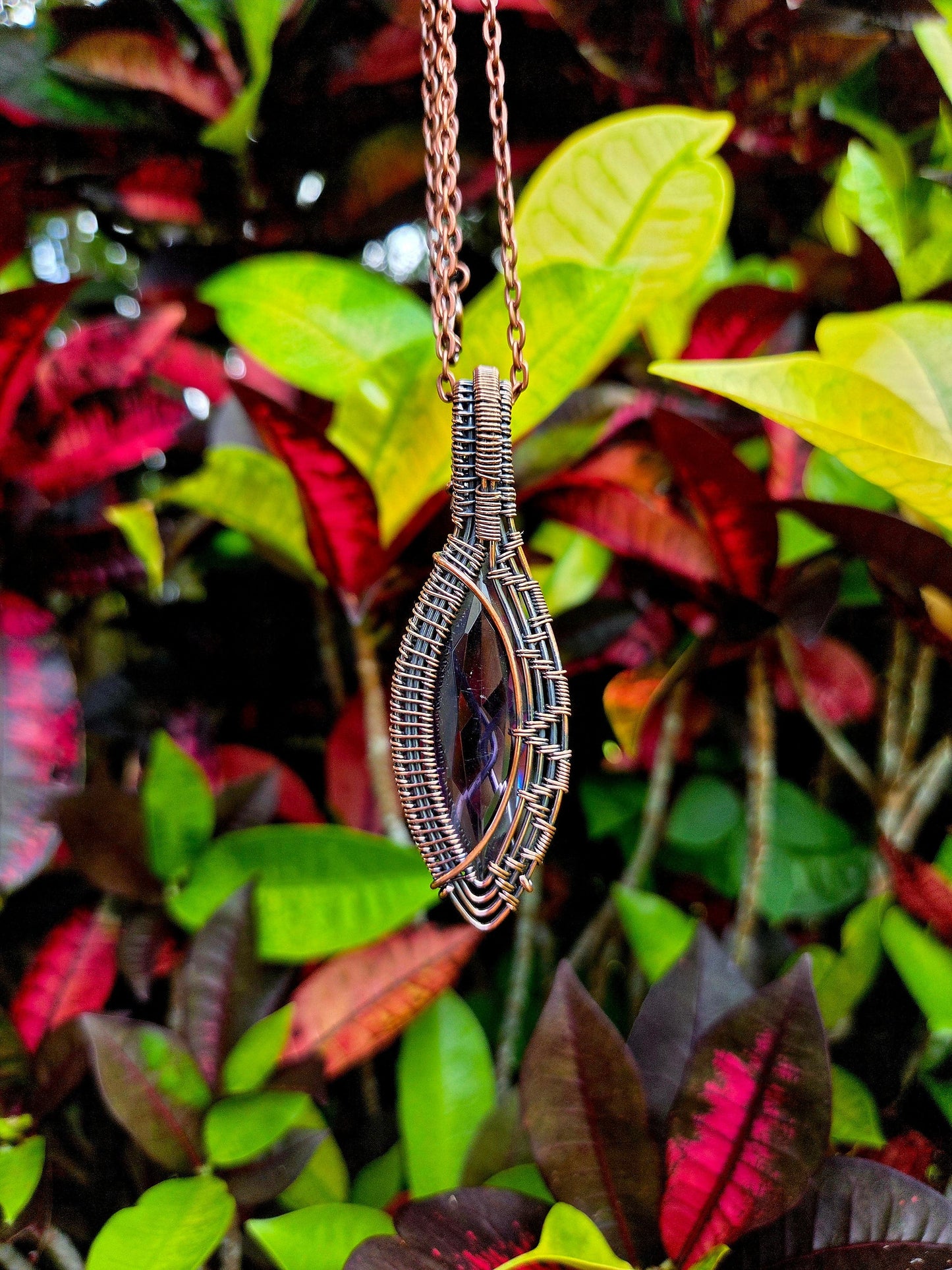 Jewellery Faceted Amethyst Crystal - Copper Wire Wrapped Pendant Necklace