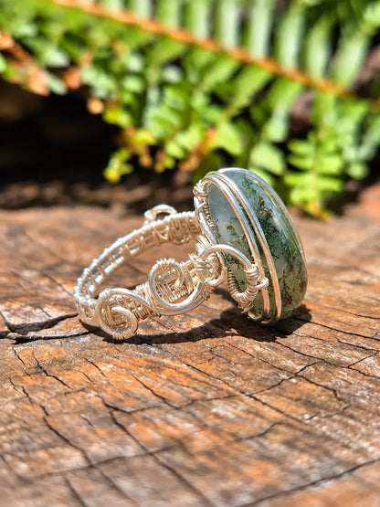 Handmade Moss Agate Silver Copper Wire Wrapped Ring