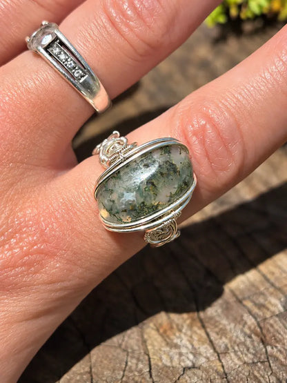 Handmade Moss Agate Silver Copper Wire Wrapped Ring