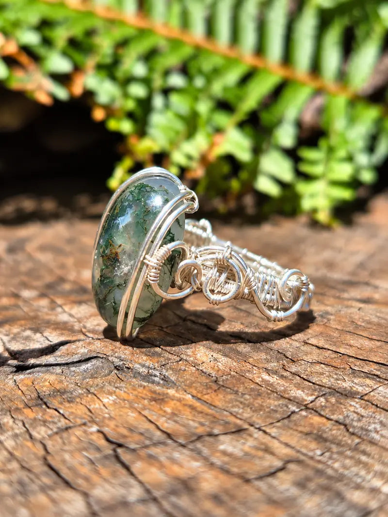 Handmade Moss Agate Silver Copper Wire Wrapped Ring