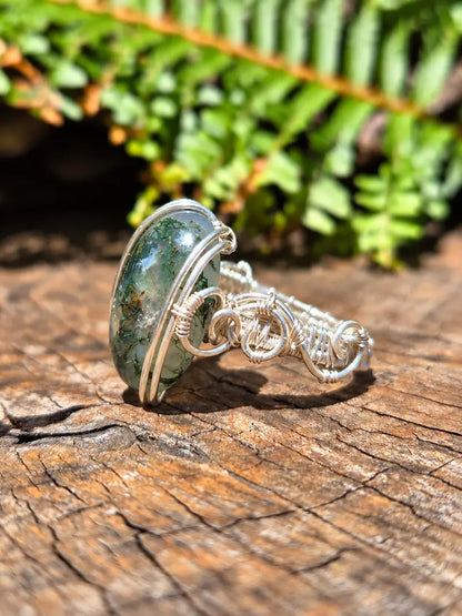 Handmade Moss Agate Silver Copper Wire Wrapped Ring