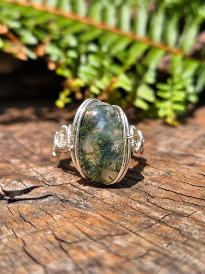 Handmade Moss Agate Silver Copper Wire Wrapped Ring