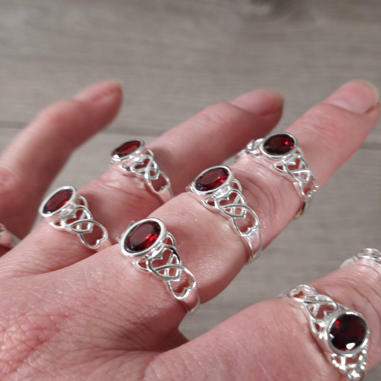 Jewellery Garnet Ring 925 Sterling Silver "Double Heart"