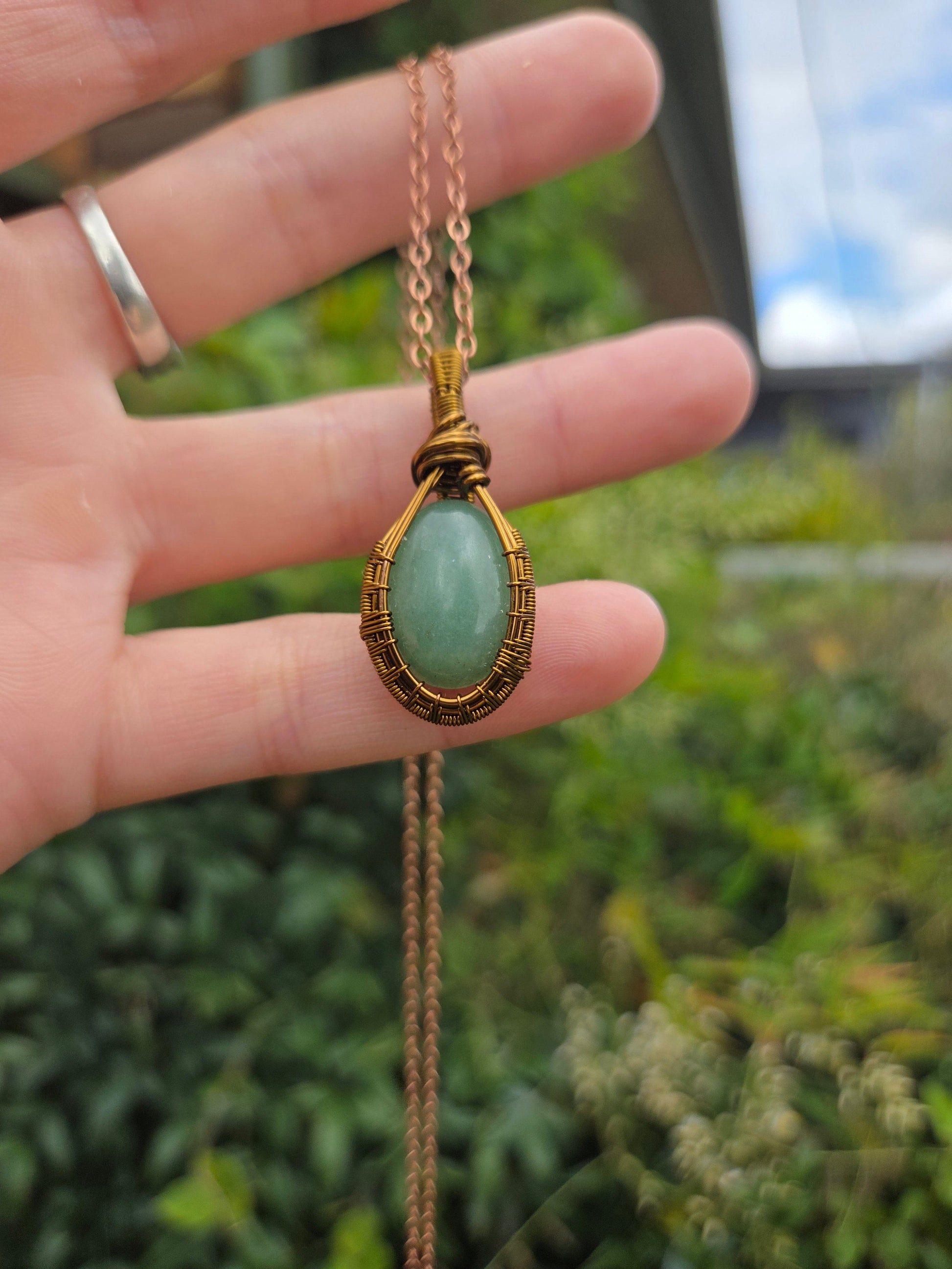 Copper Green Aventurine Bronze Copper Wire Wrap Pendant Necklace