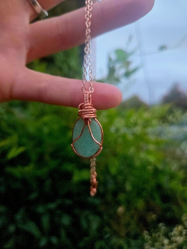 Green Aventurine Crystal Copper Wire Wrapped Handmade Pendant Necklace - Jewellery Australia