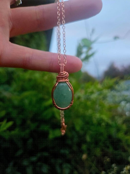 Green Aventurine Crystal Copper Wire Wrapped Handmade Pendant Necklace - Jewellery Australia