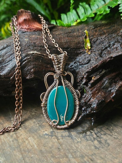 Green Chalcedony Copper Wire Wrapped Handmade Pendant Necklace - Jewellery Australia