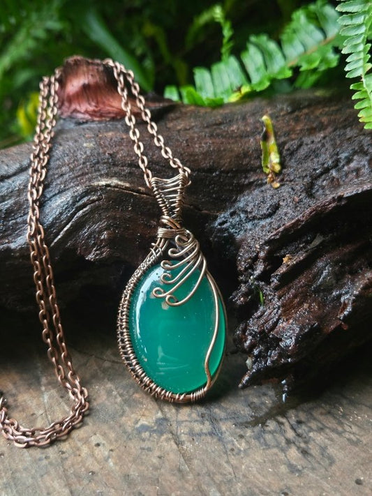Green Chalcedony Copper Wire Wrapped Handmade Pendant Necklace - Jewellery Australia