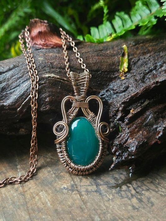 Green Chalcedony Copper Wire Wrapped Handmade Pendant Necklace - Jewellery Australia