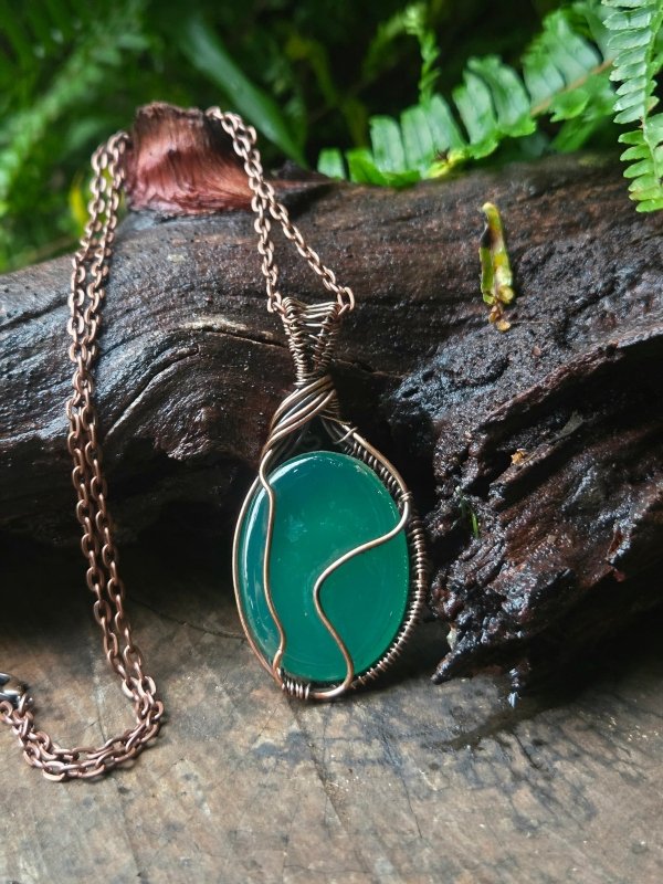Green Chalcedony Copper Wire Wrapped Handmade Pendant Necklace - Jewellery Australia