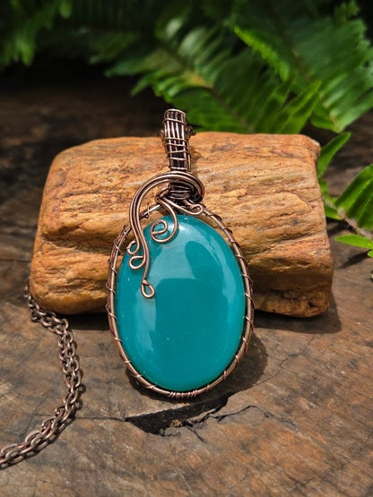Green Chalcedony Crystal Copper Wire Wrapped Handmade Pendant Necklace - Jewellery Australia