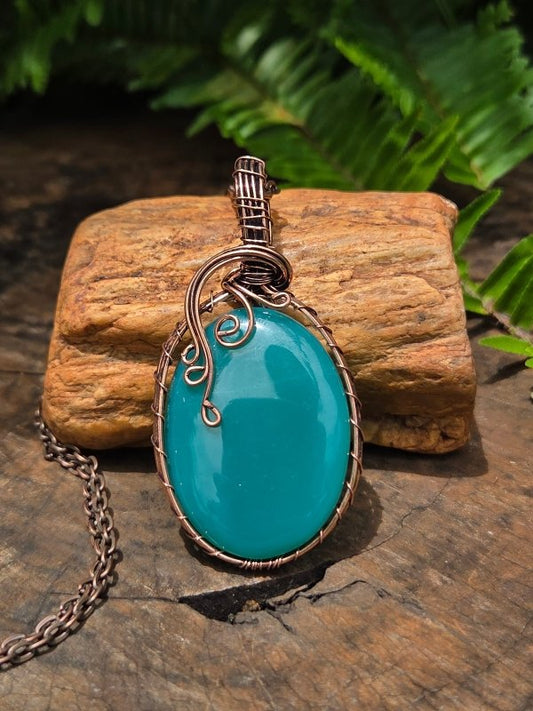 Green Chalcedony Crystal Copper Wire Wrapped Handmade Pendant Necklace - Jewellery Australia