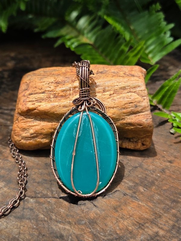 Green Chalcedony Crystal Copper Wire Wrapped Handmade Pendant Necklace - Jewellery Australia
