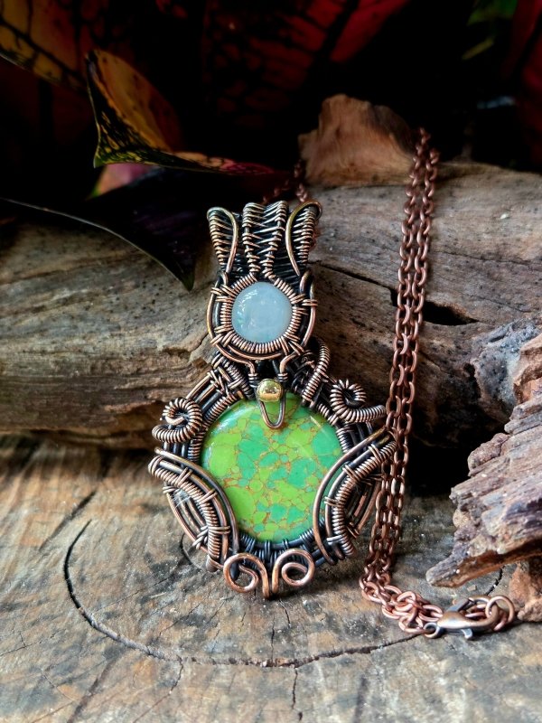 Green Turquoise & Moonstone Copper Wire Wrapped Pendant Necklace - Jewellery Australia