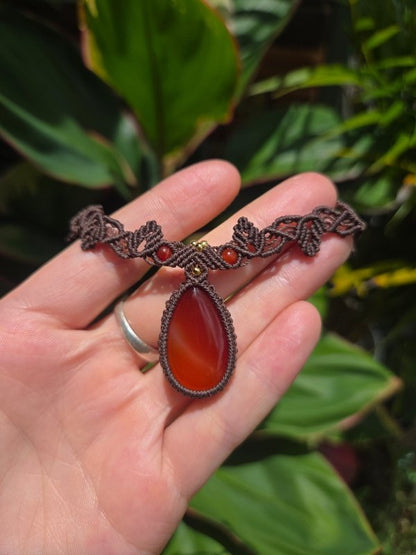 Handmade Red Agate Crystal Macrame Necklace / Choker - Adjustable - Jewellery Australia