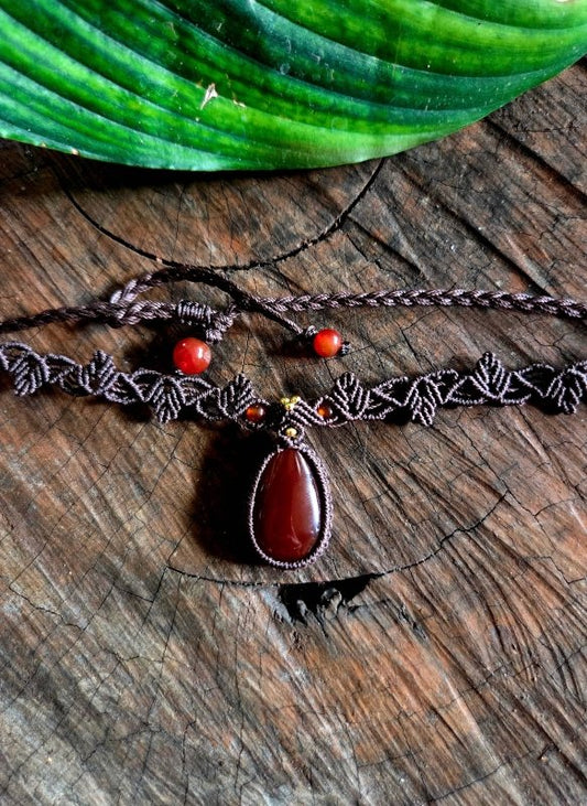 Handmade Red Agate Crystal Macrame Necklace / Choker - Adjustable - Jewellery Australia