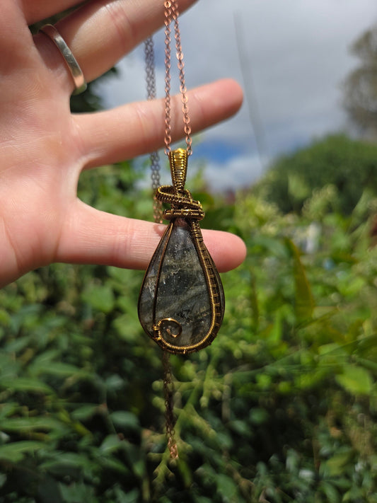 Copper Wire Wrap Crystal Labradorite Copper Wire Wrap Pendant Necklace Bronze