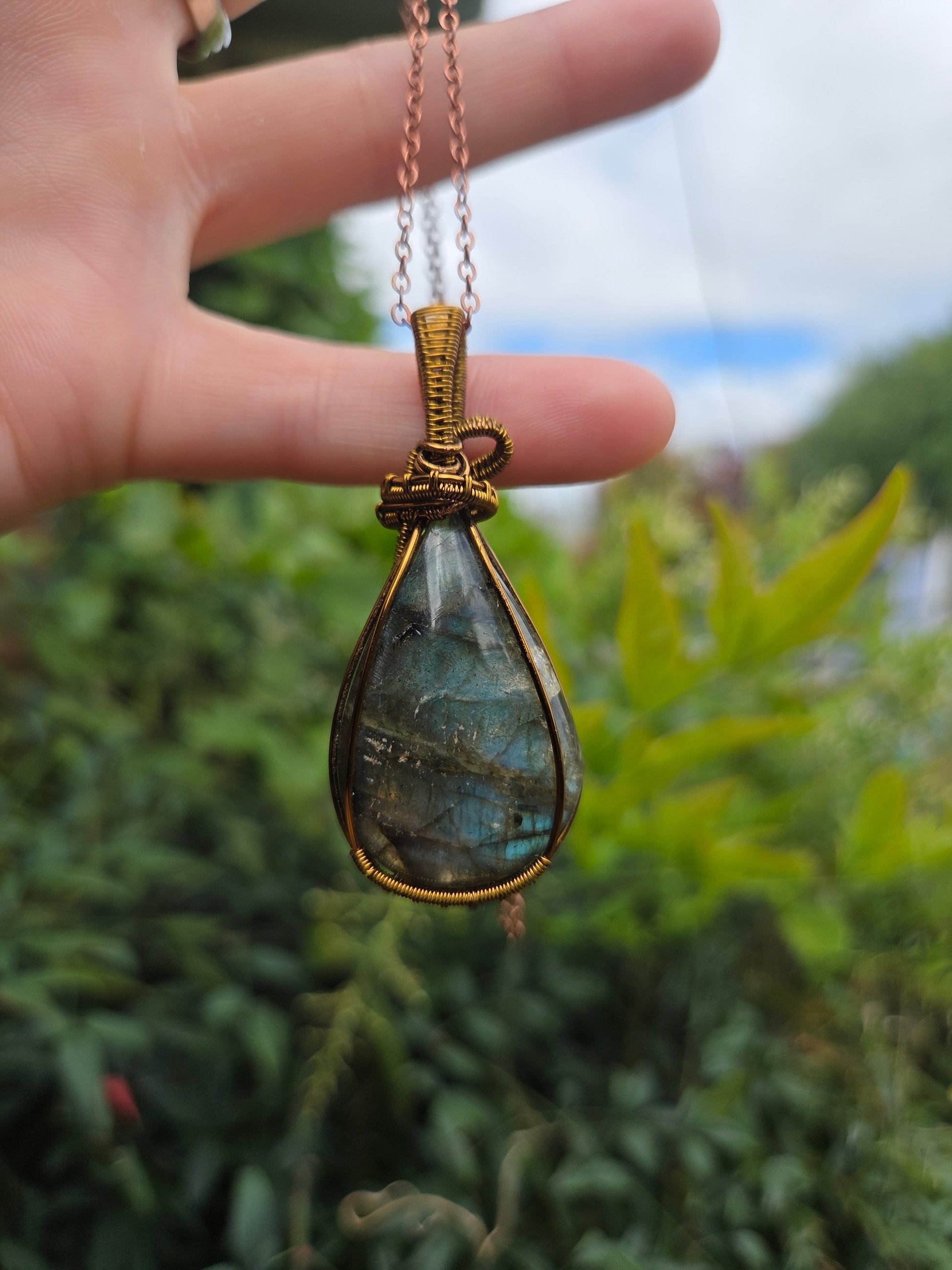 Copper Wire Wrap Crystal Labradorite Copper Wire Wrap Pendant Necklace Bronze