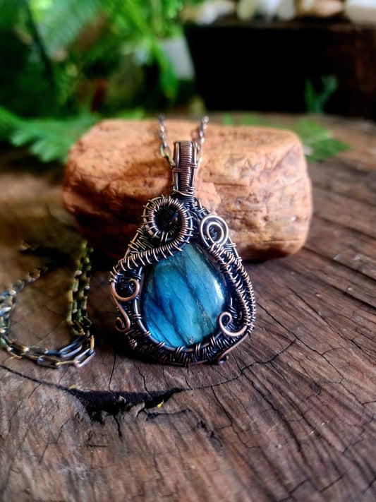 Labradorite Copper Wire Wrapped Handmade Pendant With Chain - Copper Wire Wrap Crystal Australia
