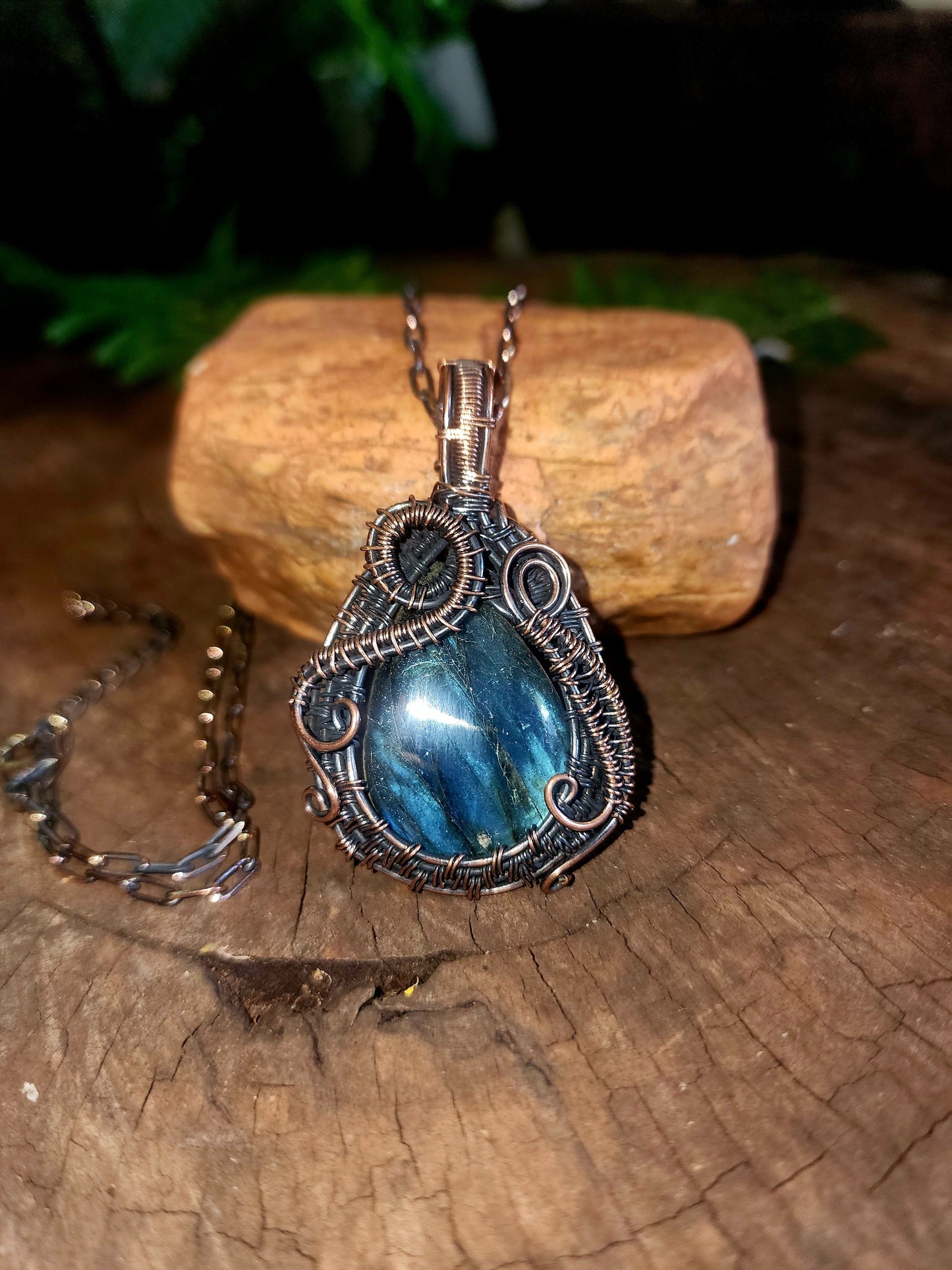 Copper Wire Wrap Crystal Labradorite Copper Wire Wrapped Handmade Pendant With Chain
