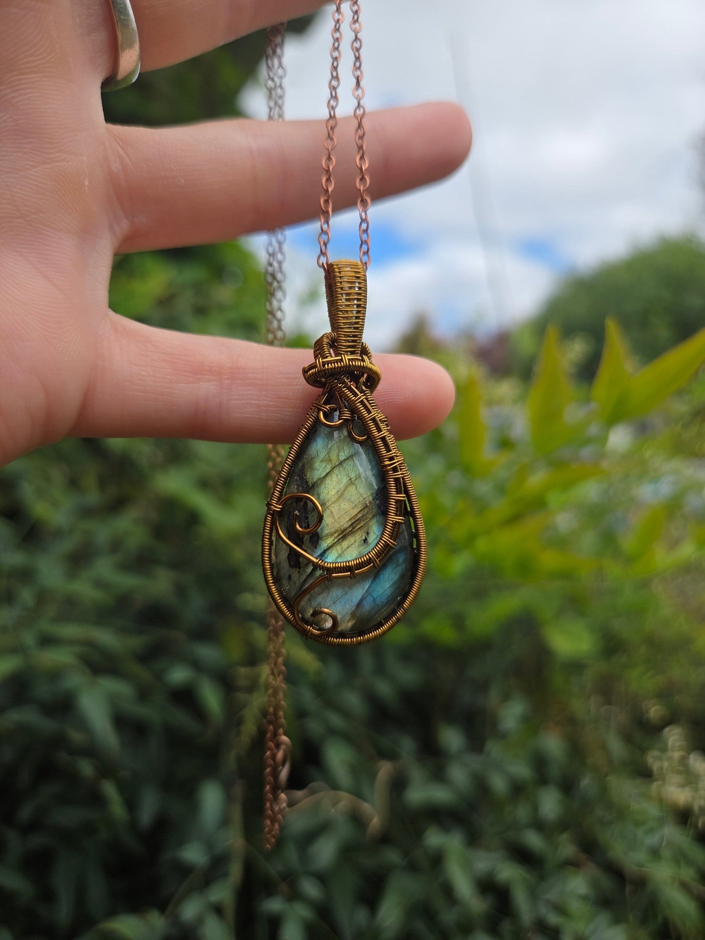 Copper Wire Wrap Crystal Labradorite Copper Wire Wrapped Pendant Necklace Bronze