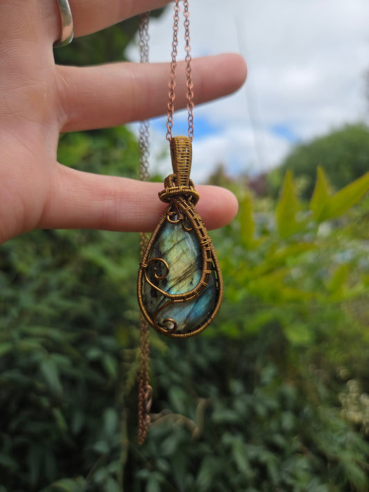 Copper Wire Wrap Crystal Labradorite Copper Wire Wrapped Pendant Necklace Bronze
