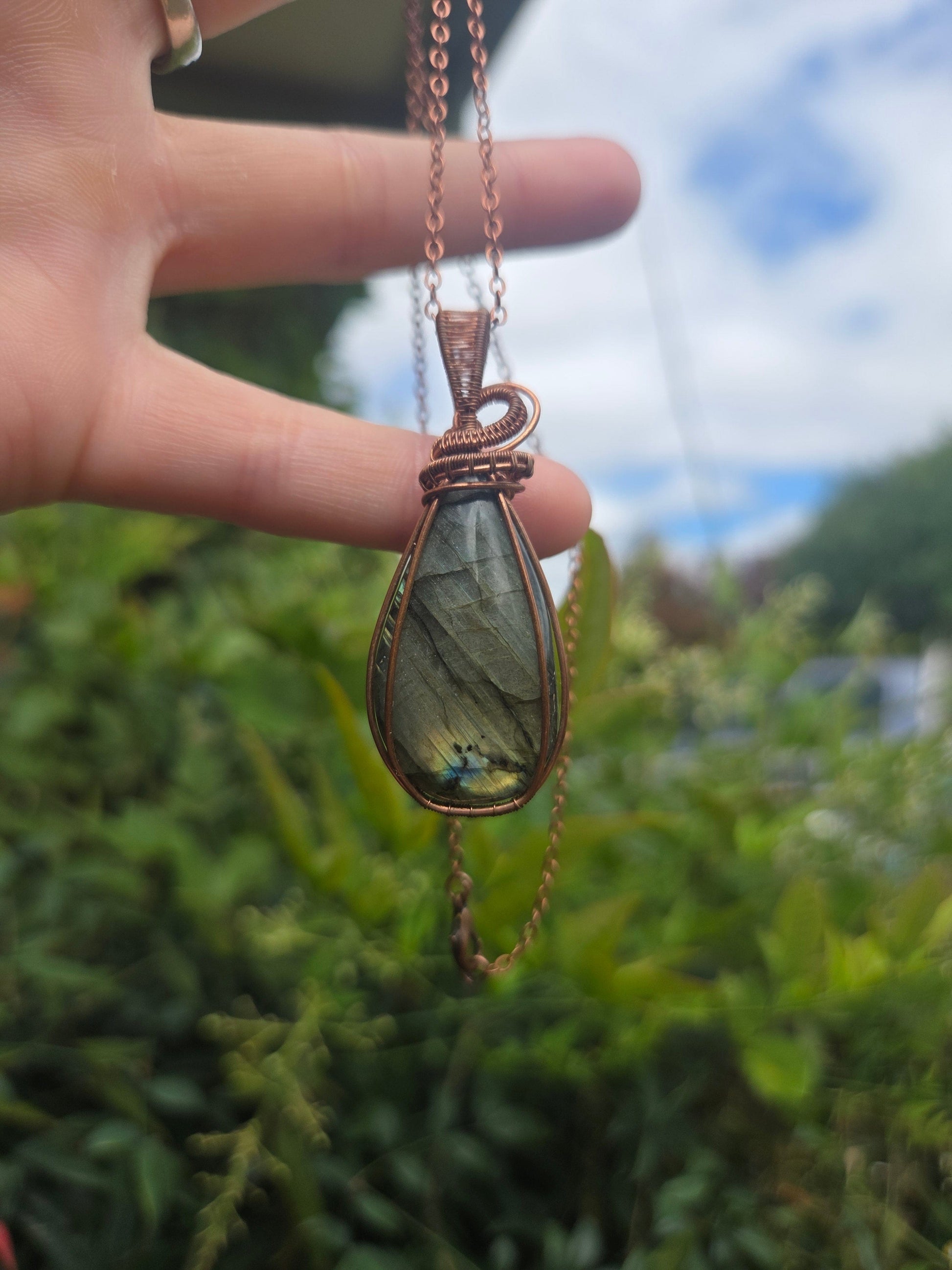 Copper Wire Wrap Crystal Labradorite Copper Wire Wrapped Pendant Necklace