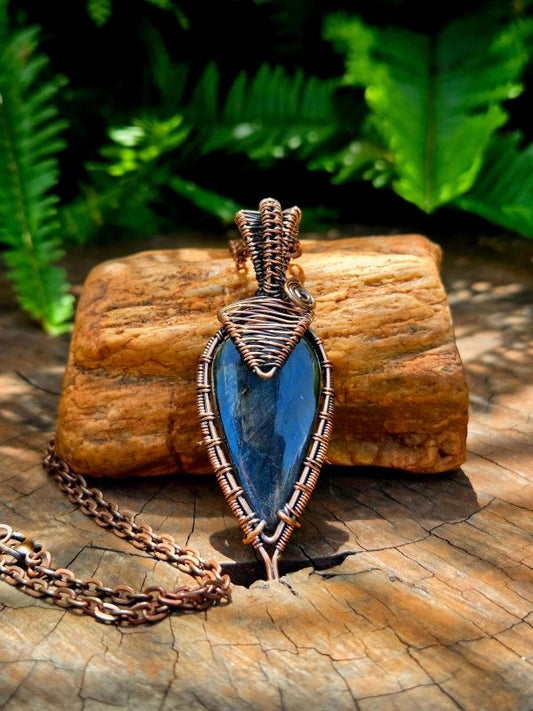 Labradorite Crystal Copper Wire Wrapped Handmade Pendant Necklace - Jewellery Australia