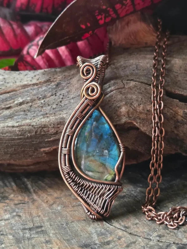 Labradorite Crystal Copper Wire Wrapped Pendant Necklace - Jewellery Australia