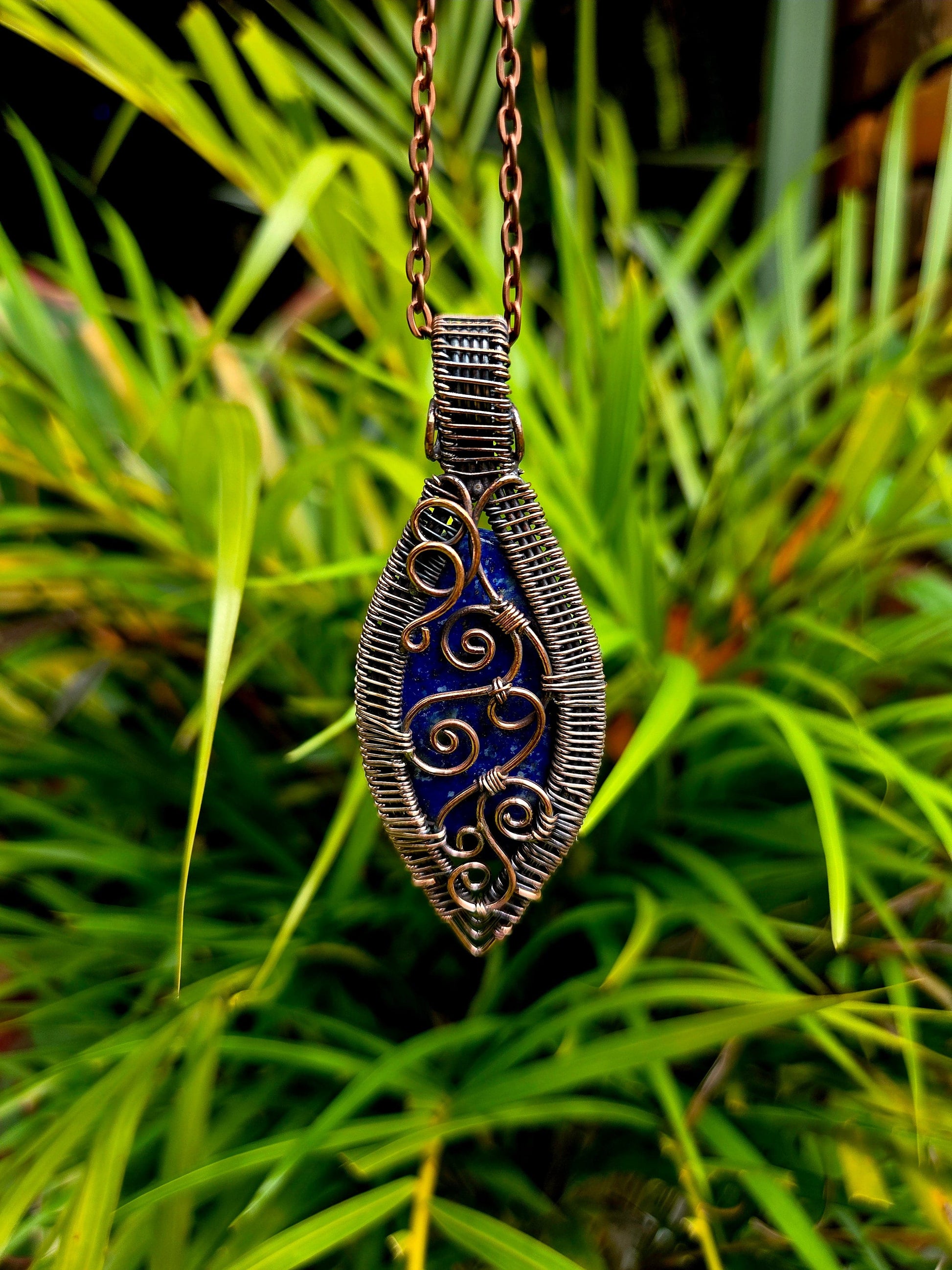 Lapis Lazuli Crystal Copper Wire Wrapped Pendant Necklace