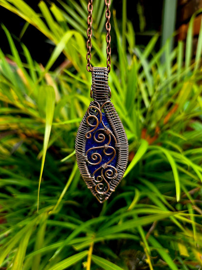 Lapis Lazuli Crystal Copper Wire Wrapped Pendant Necklace