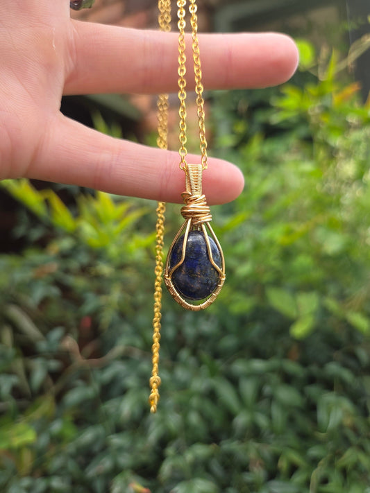 Copper Lapis Lazuli Gold Copper Wire Wrapped Pendant Necklace