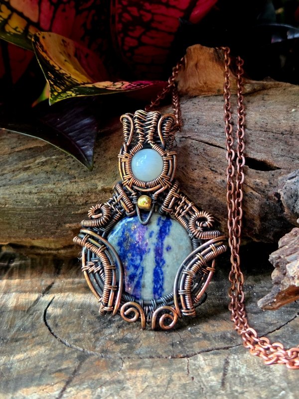 Lapis Lazuli & Moonstone Copper Wire Wrapped Pendant Necklace - Jewellery Australia