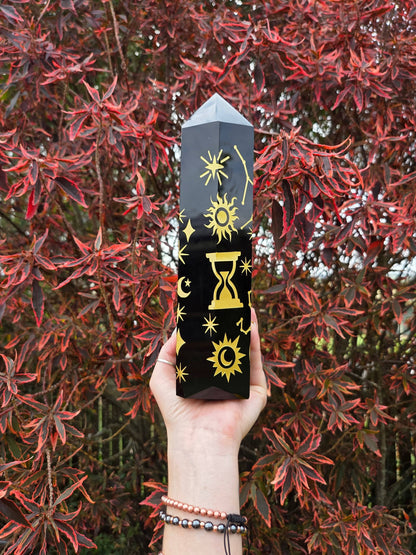 Crystals Large Black Obsidian Celestrial Etched Tower Point 26cm