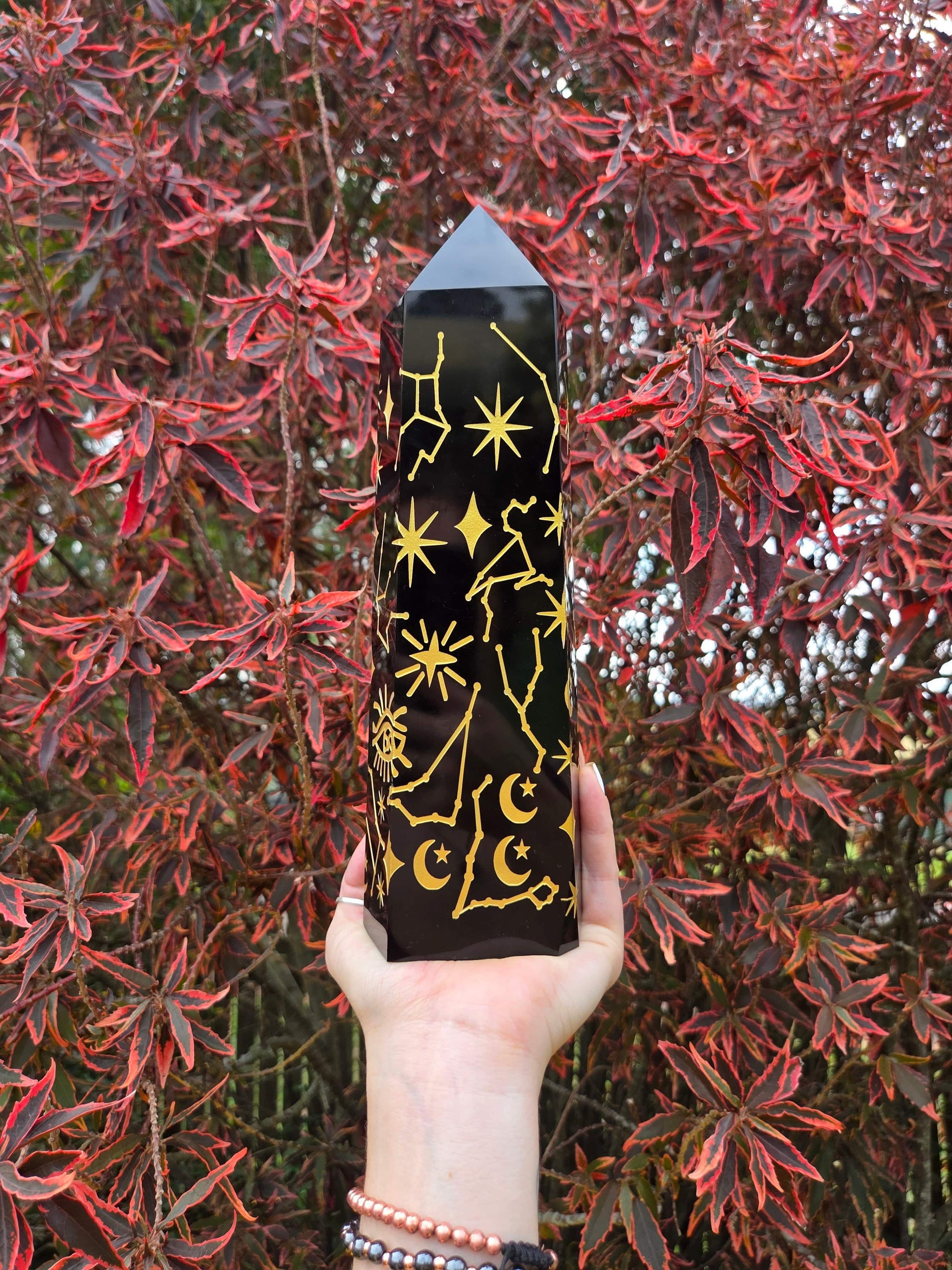 Crystals Large Black Obsidian Celestrial Etched Tower Point 26cm