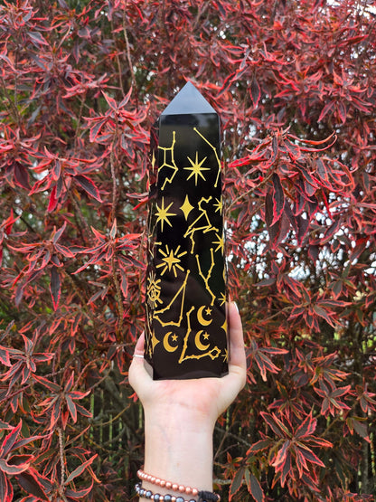 Crystals Large Black Obsidian Celestrial Etched Tower Point 26cm