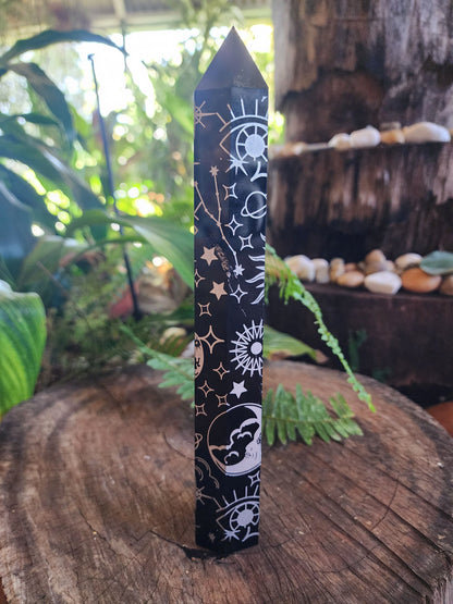 Crystals Large Black Obsidian Celestrial Etched Tower Point Engraved