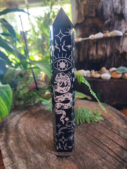 Crystals Large Black Obsidian Celestrial Etched Tower Point Engraved