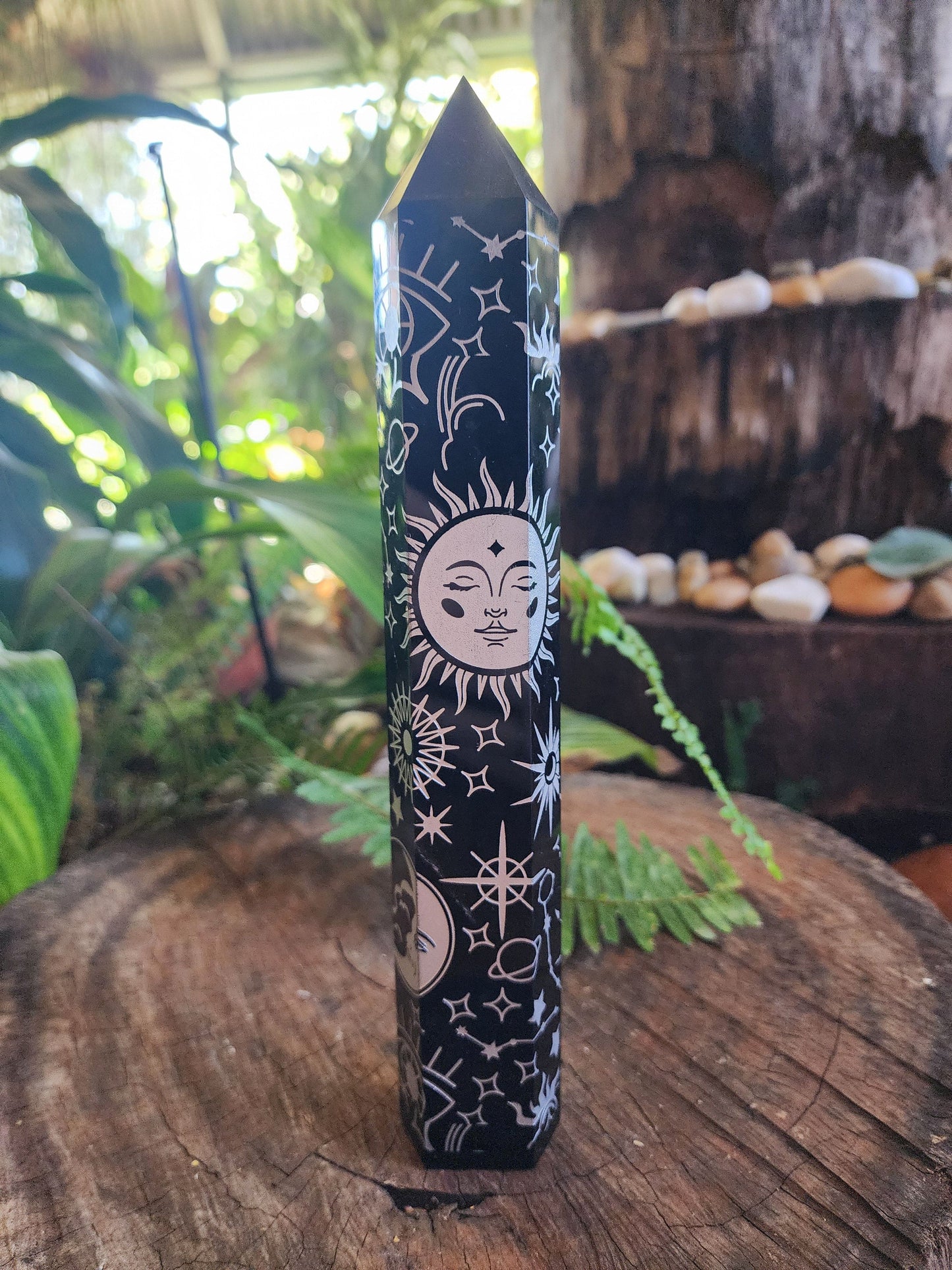 Crystals Large Black Obsidian Celestrial Etched Tower Point Engraved
