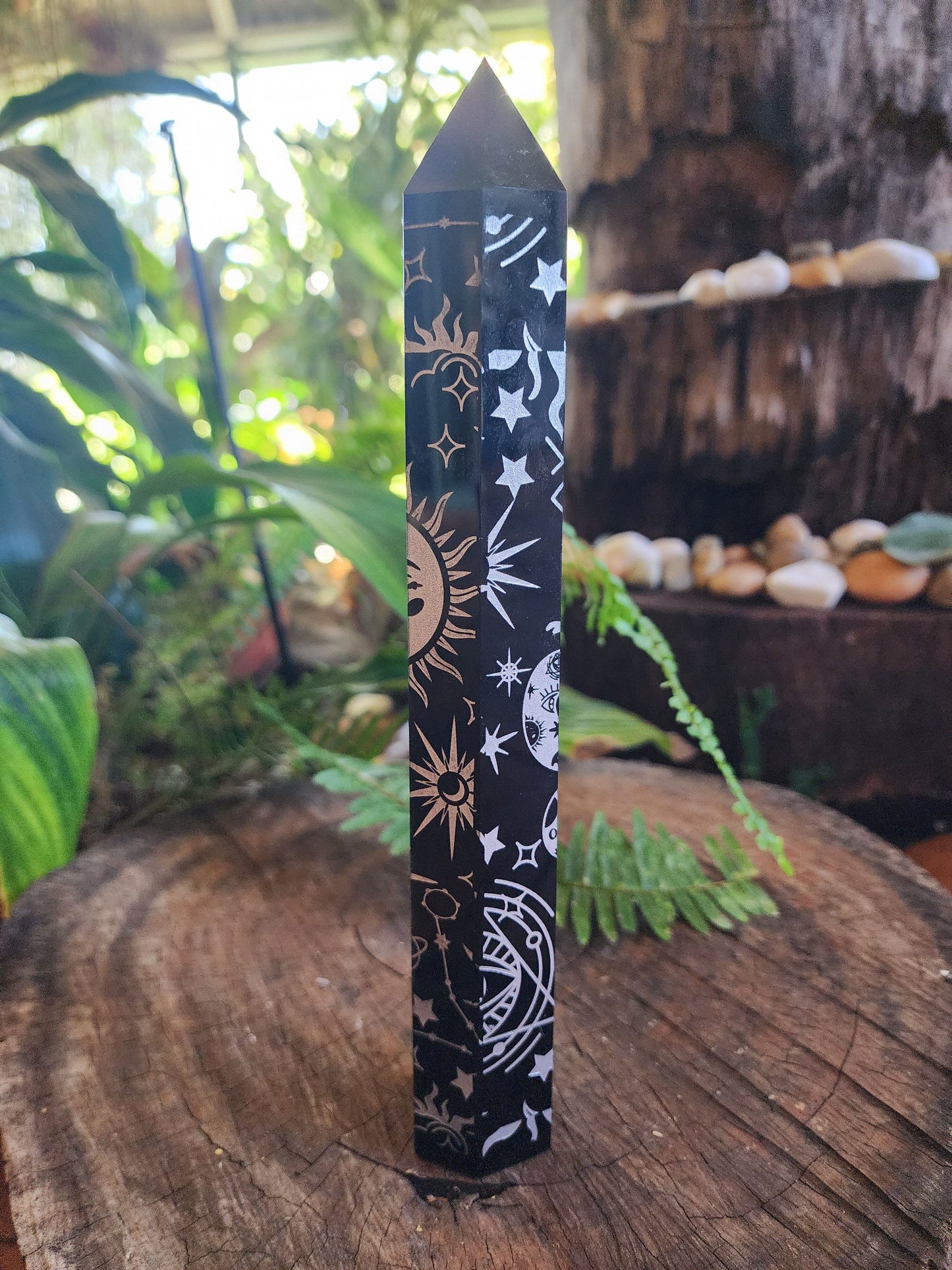 Crystals Large Black Obsidian Celestrial Etched Tower Point Engraved