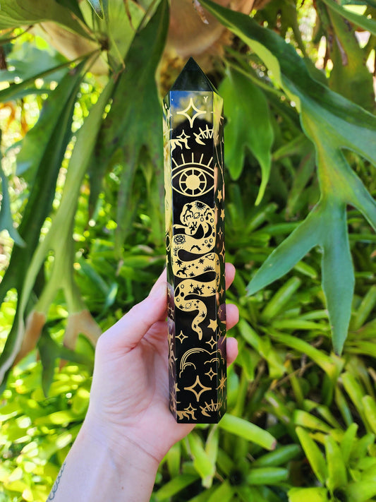 Crystals Large Black Obsidian Etched Celestrial Tower Point Engraved