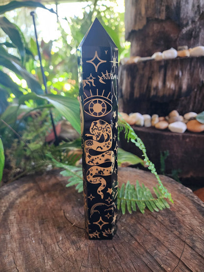 Crystals Large Black Obsidian Etched Celestrial Tower Point Engraved