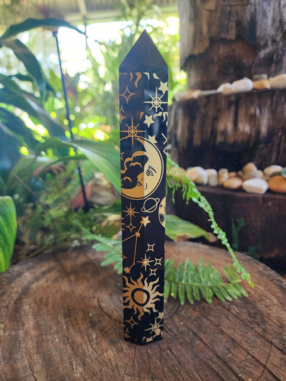 Crystals Large Black Obsidian Etched Celestrial Tower Point Engraved