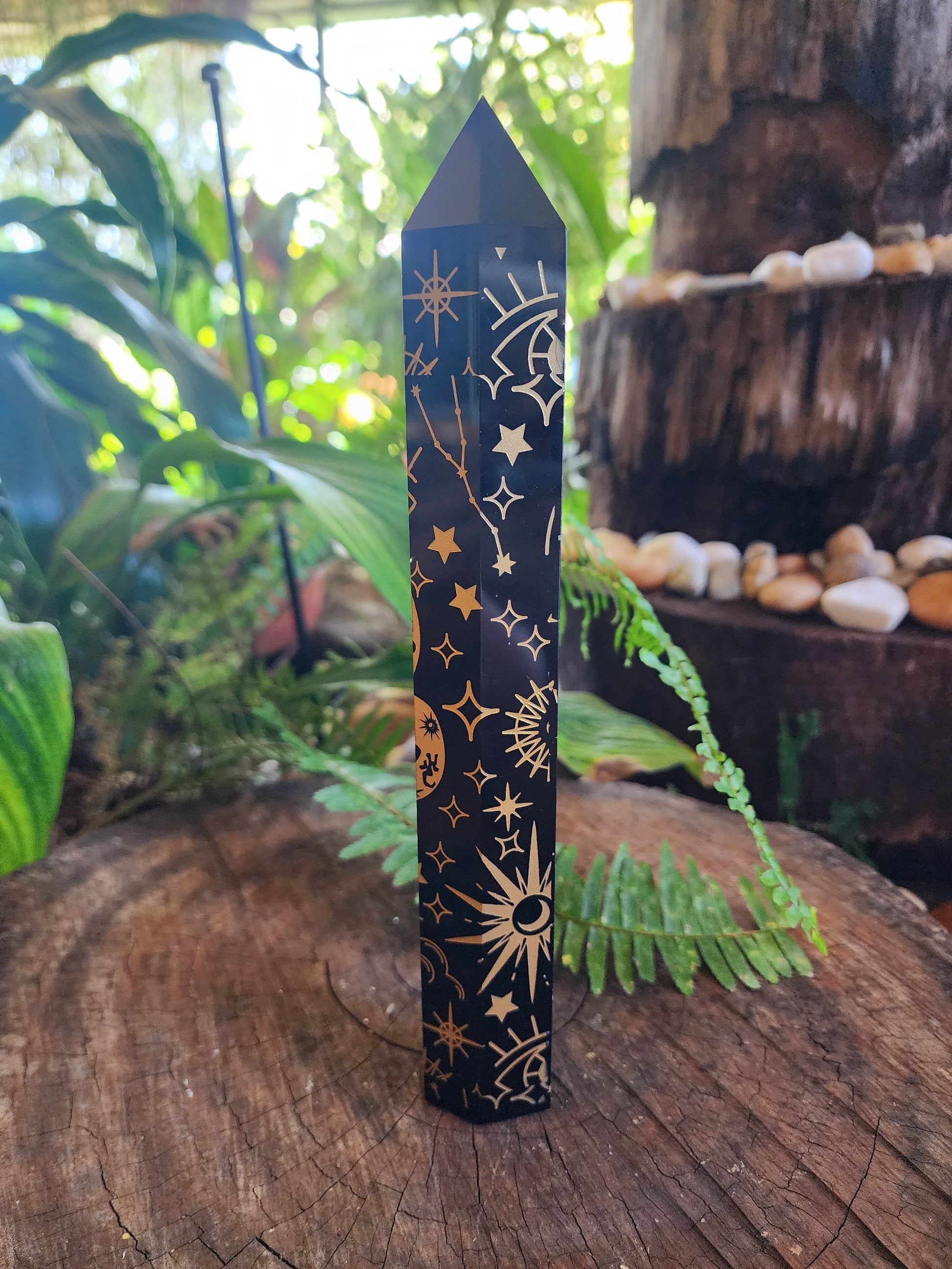 Crystals Large Black Obsidian Etched Celestrial Tower Point Engraved