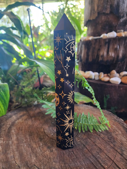 Crystals Large Black Obsidian Etched Celestrial Tower Point Engraved