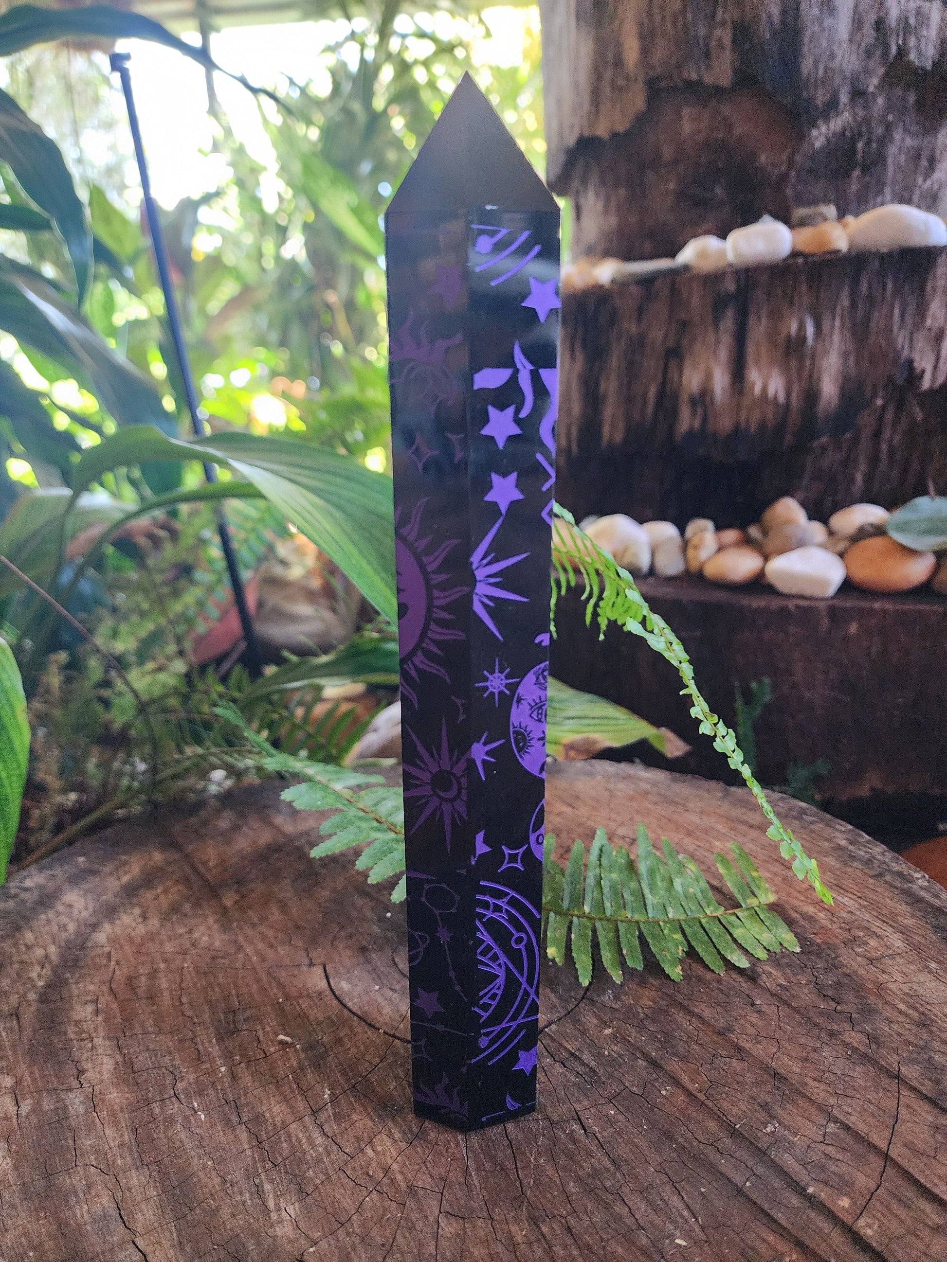 Crystals Large Black Obsidian Etched Celestrial Tower Point Engraved