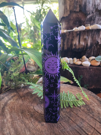 Crystals Large Black Obsidian Etched Celestrial Tower Point Engraved