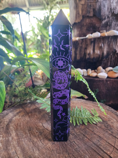 Crystals Large Black Obsidian Etched Celestrial Tower Point Engraved